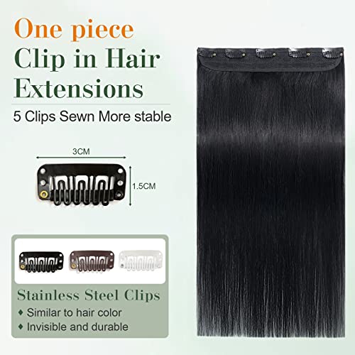 Image of Benehair One Piece Clip in Hair Extensions Human Hair Dark Black 8inch 3 /4 Full Head Straight Remy 5 Clips