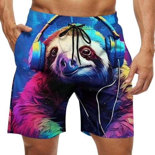 Men & Boys Fit Swim Trunks for Beach Athletic Hiking Quick Dry Drawstring Essentials Half Pants with Pockets Lining, Beachwear Neon Sloth Enjoy Music Art Fashion Swim Trunks