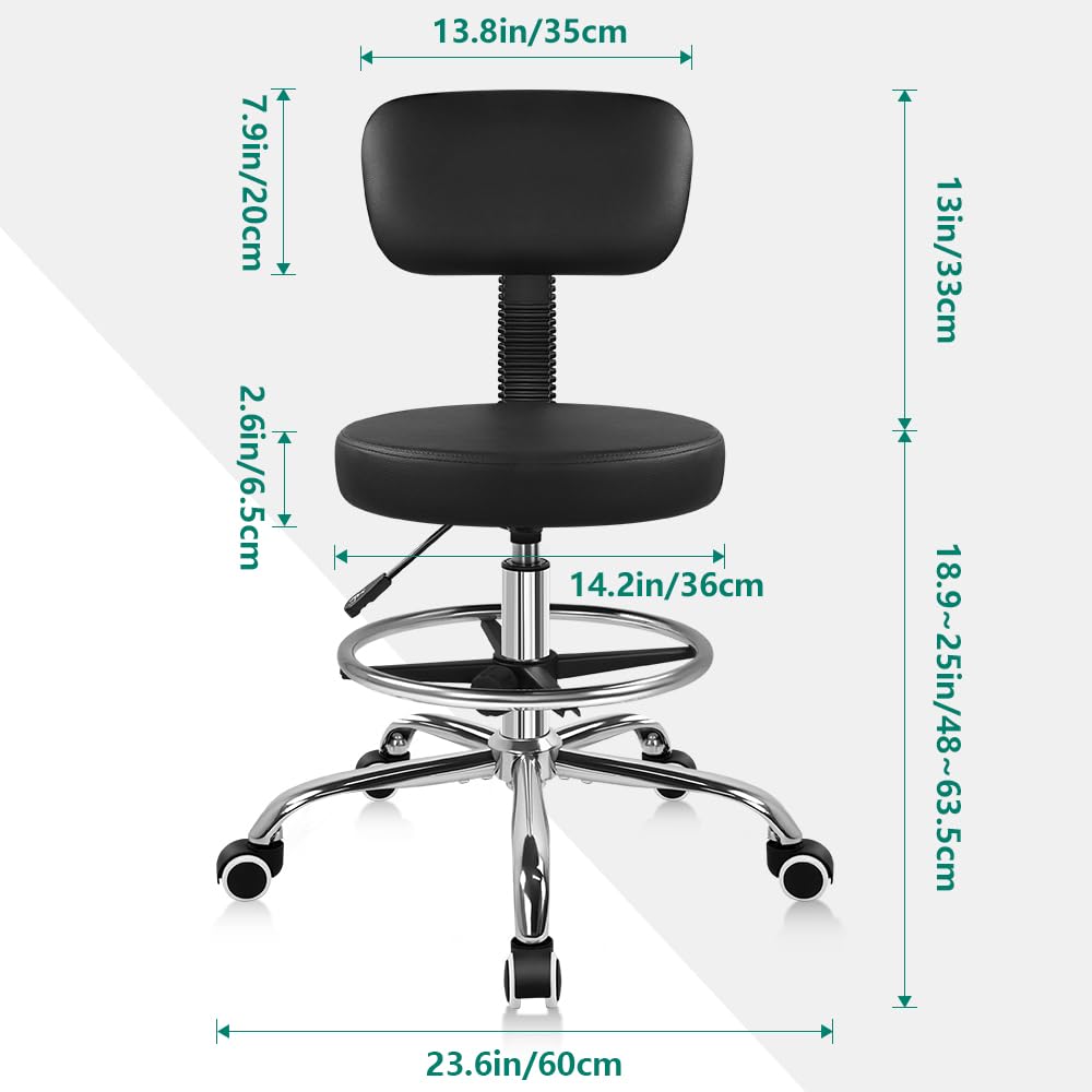 Sgabello da disegno nero con schienale, alto e regolabile in altezza, con ruote, cuscino spesso, sedia da ufficio alta per officina, salone, bar, cucina, studio, casa, laboratorio, bancone, spazio