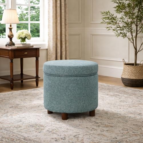 Image of Homepop Home Decor | Upholstered Round Storage Ottoman | Ottoman with Storage for Living Room & Bedroom, Teal Tweed Large