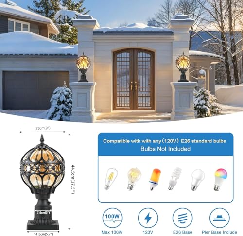 Outdoor Post Light Fixtures for Driveway Yard Lawn Patio Garden, Black Waterproof Exterior Pier Mount Post Light Outside Aluminum Post Lamp Light