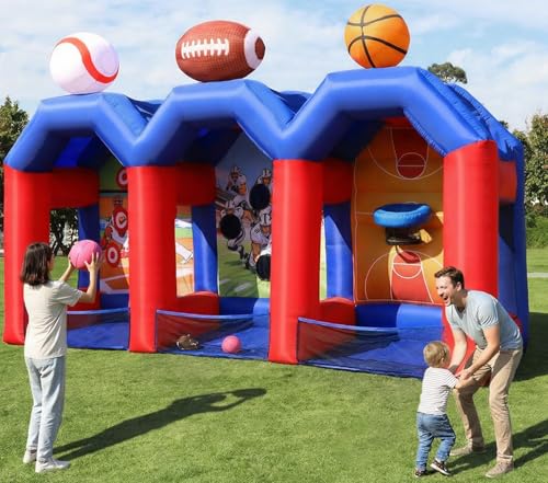 Inflatable Carnival Games Inflatable Basketball Shot Football Baseball Toss Throwing Target Basketball Football Baseball Game with 750w Blower for Indoor/Outdoor Party Lawn Interactive Game
