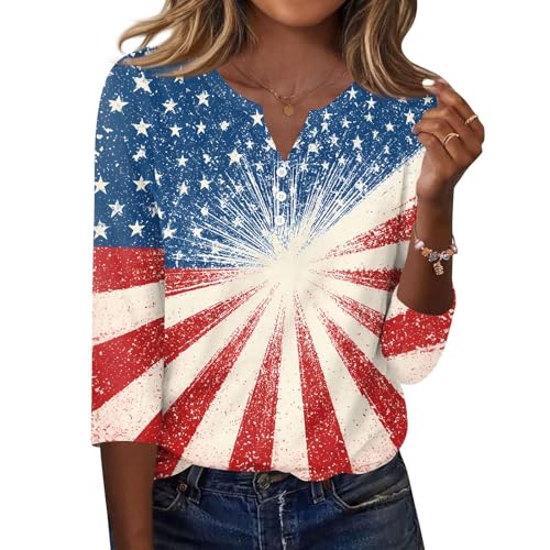 Image of 4th of July Shirts Women 3 /4 Length Sleeve Womens Tops Henley Neck Casual Patriotic T Shirts