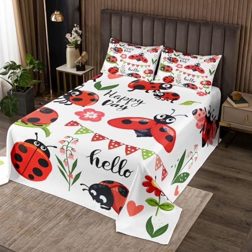 Erosebridal Cartoon Ladybug Queen Quilt Set for Kids Boys Girls Cute Insect Animal Coverlet Set, Pink Red Floral Flower Bedding Set Wild Ladybird Bedspread Set, Spring Garden Bed Quilt