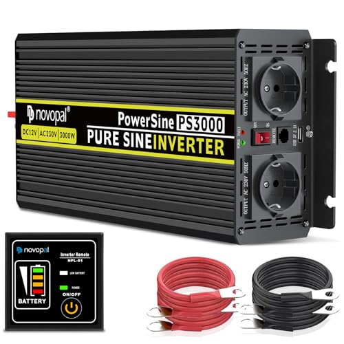 NOVOPAL Inversor 12V 220v Onda Pura 3000W Convertidor de Voltaje con 5M Mando a Distancia y 2 AC Tomas & USB Puertos para Coche de camión Caravana