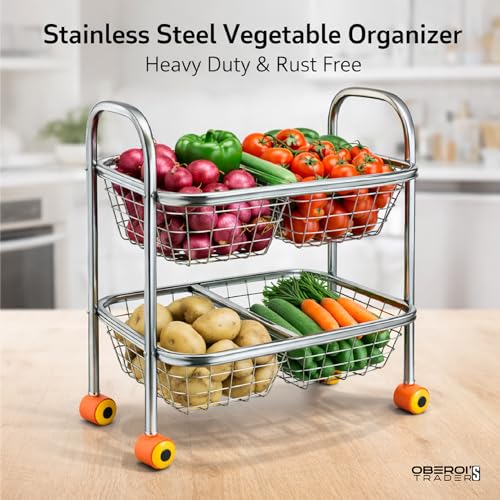 Image of OBEROI'S TRADERS Stainless Steel Vegetable & Fruit Storage Rack with Wheels, Kitchen Storage Basket Organizer, Rust Proof Stand for Onion, Potato, Fruits & Vegetables Trolley (2 Rack with 4 Partition)