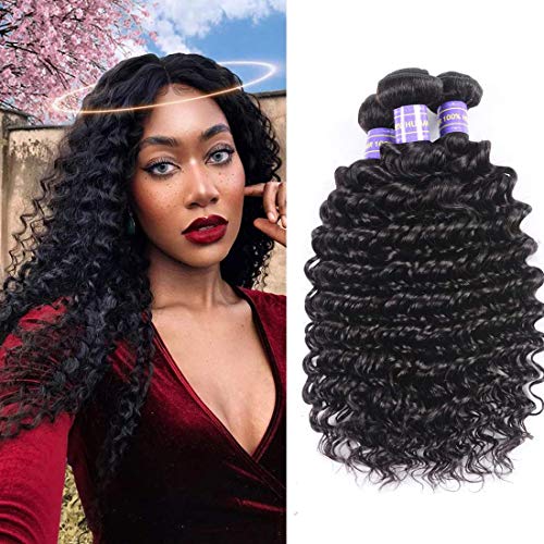 KLAIYI Brazilian Virgin Hair Weave Deep Curly Hair 3 Bundles Real Human Hair Extensions Unprocessed Natural Color 95-100g/pc (16 18 20 Inch)