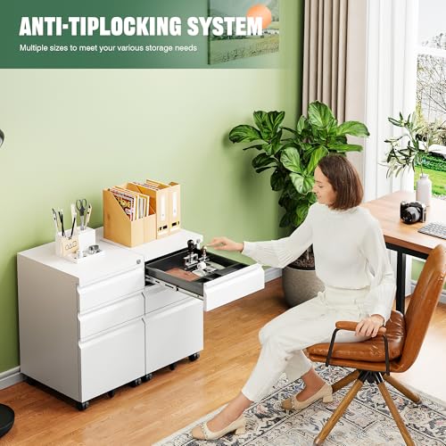 Image of Letaya 3 Drawer Mobile File Cabinet with Lock, Under Desk Metal Filing Cabinets for Home Office Organizer Letters /Legal /A4(Fully Assembled-White) (Pack of 2)
