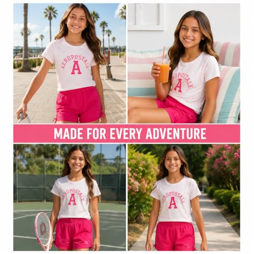 Image of AEROPOSTALE Girls Shorts Set - 2 Piece Soft Short Sleeve Graphic Tees and Twill or Denim Shorts Summer Outfits for Girls