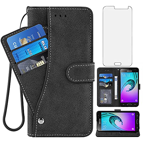 Compatible with Samsung Galaxy J3 2016/J 3 V/J36V/Sky/Amp Prime Wallet Case and Tempered Glass Screen Protector Flip Credit Card Holder Stand Cell Phone Cover for Sol J3V JV3 J36 6 J320V J320A Black