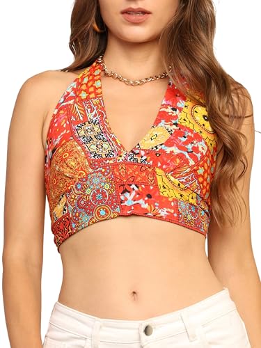 Image of KE KANHA EXPORTS Halter Neck Wrap Top|top for Women|Backless Tops for Women|Halter Neck Tops|Adjustable wrap Waist|Boho Beach Border Print|Easily fits S-M|Bust30-36Inch|LengthUpTo 18Inch