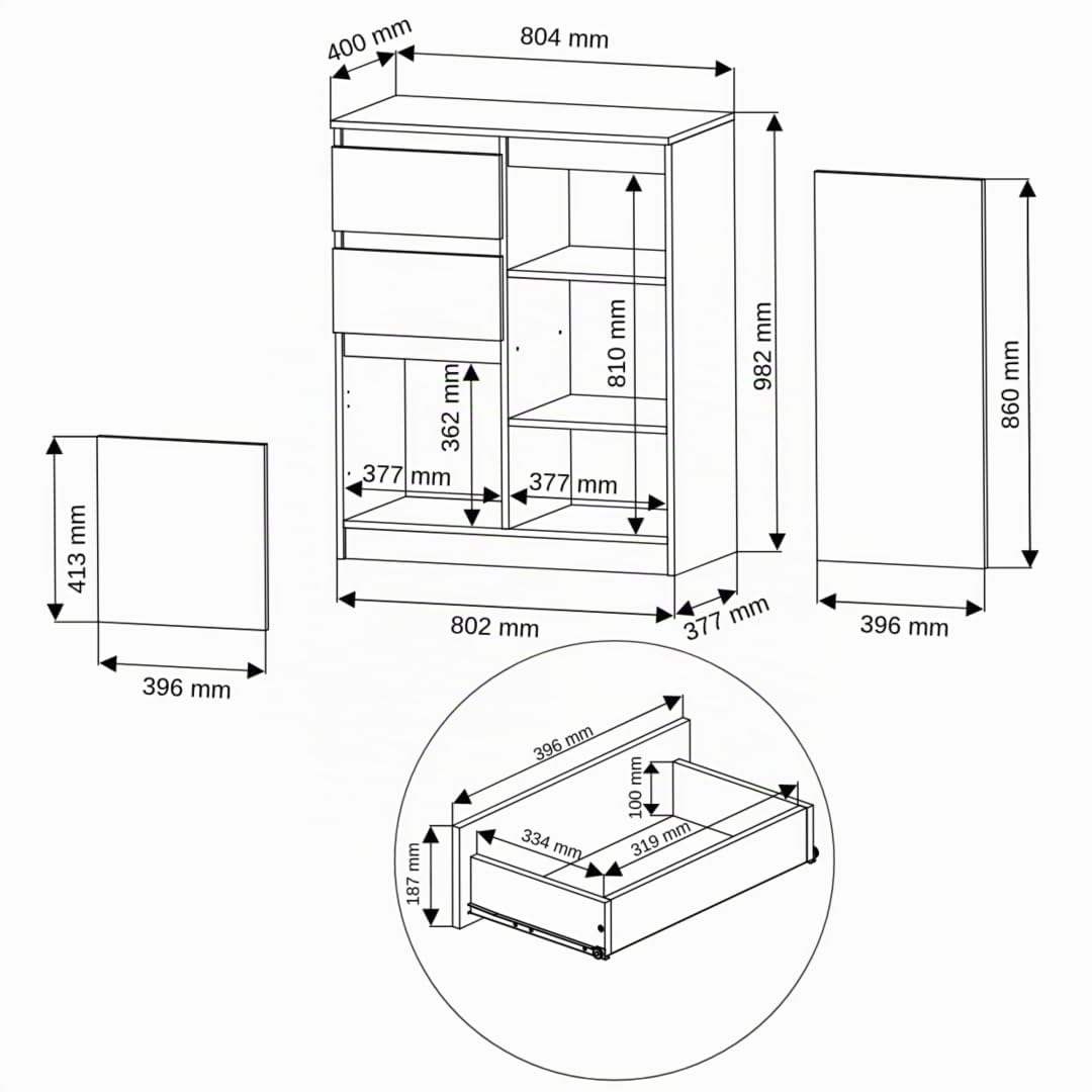 Highboard Anthrazit 80x40x98 cm – kompakte Kommode mit Schränken & Schubladen, Sideboard für Wohnzimmer, Esszimmer & Schlafzimmer, Modern S-2