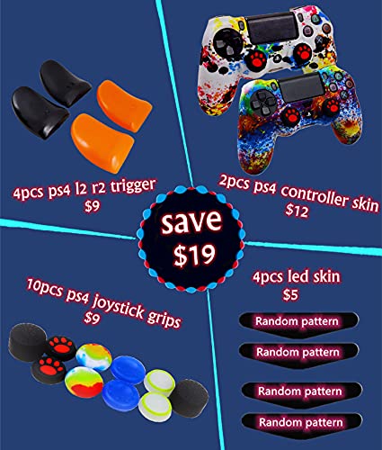 Image of Silicone Skin for Ps4 Controller, 2pcs Anti-Slip Shell Cover Case with 10 Joystick Grips, 2 Pairs L2 R2, 4pcs Led Light Bar Skin for Playsation 4 / Slim /Pro Dualshock 4 Controller Wireless Gamepad