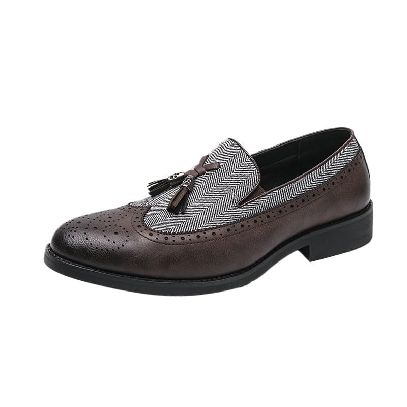 Men's Tassel Brogue Dress Shoes Party Outdoor Plain Toe Slip Resistant Low Top Rubber Sole Non Slip Wedding French Leather Slip On