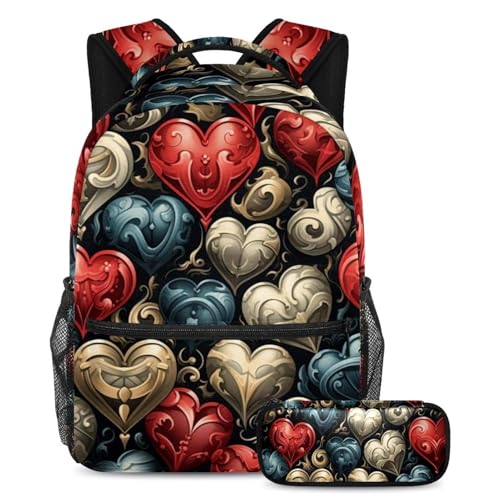 Sac à dos avec trousse et cœurs rouges pour le quotidien des élèves