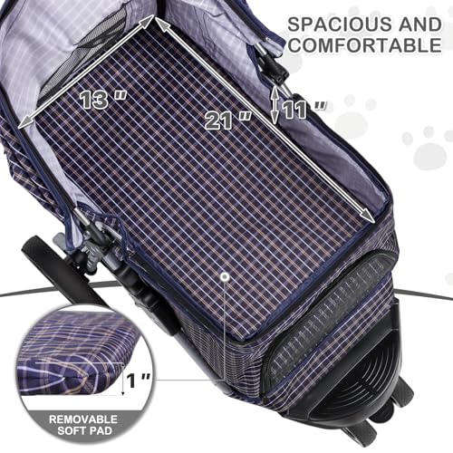 Image of MoNiBloom 3 Wheels Pet Dog Cat Stroller for Small Medium Dogs Cats, Lightweight Foldable Jogger Stroller w /Storage Basket and Cup Holder, Plaid