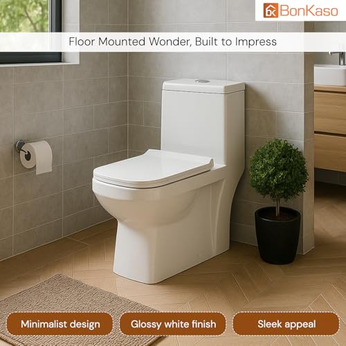Image of BonKaso Premium Western Floor Mounted Ceramic One Piece Commode (White)| S Trap European Toilet with Soft Close Seat | Square Design Water Closet for Bathroom /Lavatory | Siphonic Vacuum Flush System