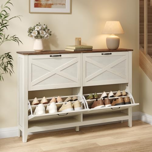 VASAGLE LIRY Collection - Meuble à Chaussures avec 4 Abattants, Armoire à Chaussures Étroite, Autoportante, pour Entrée, Style Campagne, Capacité 20-24...