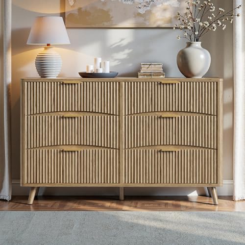 Image of Evermagin 54 inch Wide Fluted 6 Drawer Dresser, Mid Century Modern Curved Dresser, Light Wood Chest of Drawers for Bedroom, Living Room and Entryway, Natural Oak