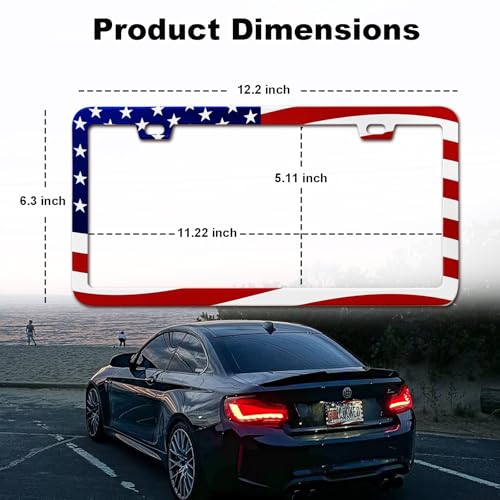 Image of 2 Packs License Plate Frame American Flag Printed Aluminum Metal Licence Plate Holder for Car Universal Fit for Men Women