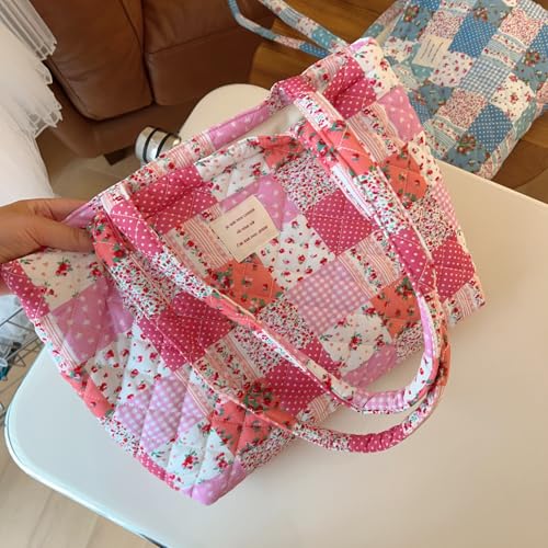 Image of Floral Quilted Cotton Shoulder Bag for Women Medium Size Handbag Large Capacity Thickened Design Tote