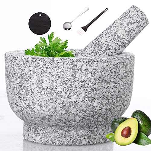 Mortar and Pestle Set Natural Granite Guacamole Molcajete Bowl for Kitchen Herbs Pestos and Spices Grinder Include Non-Slip Silicone Mat Spoon Brush 5.1inch(13x9cm, Unpolished) Mortar and Pestle Set Natural Granite Guacamole Molcajete Bowl for Kitchen Herbs Pestos and Spices Grinder Include Non-Slip Silicone Mat Spoon Brush 5.1inch(13x9cm, Unpolished)