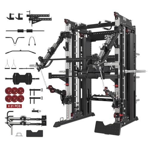 Commercial Smithe Machine with Weight Stack, All-in-One Power Cage Squat Rack Home Gym System with Leg Press Attachment & Cable Crossover, Multi-Functional Trainer with Dual Pulley System for Home Gym