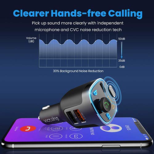 VicTsing 2021 V5.0 Bluetooth FM Transmitter for Car, 23W PD+QC3.0 Wireless Bluetooth FM Audio Adapter/Car Kit/Music Player with 3 USB Ports