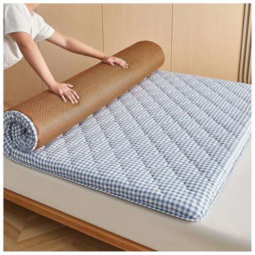 HUMAJORY Colchón de Suelo Japonés, Colchón Futón Plegable, Colchón Enrollable, Colchón de Tatami Grueso for Dormir, for Acampar, Habitación de Invitados, Dormitorio.(Blue Plaid,80x190cm)