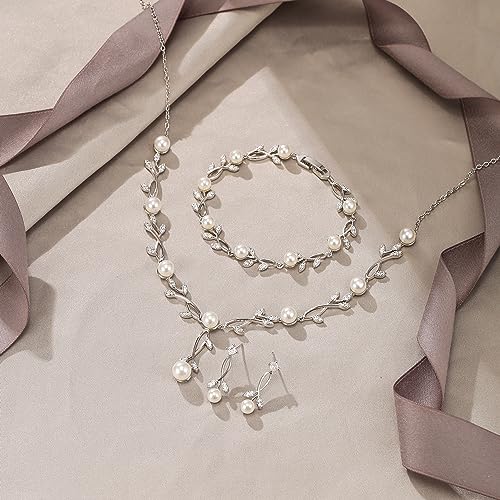 Image of EVER FAITH Cubic Zirconia Pearl Leaf Bridal Jewelry Set for Bride Women