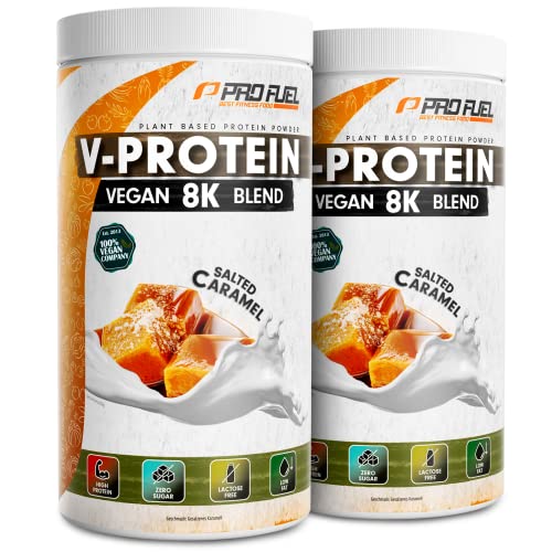 Vegan Protein SALTED CARAMEL 2x750g - V-Protein 8K Blend - unglaublich lecker & cremig - mit Protein aus Sonnenblume, Reis, Erbse, Hanf, Kürbis uvm. - pflanzliches Proteinpulver mit 78% Eiweiß