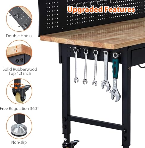 Work Bench 60" Adjustable Height, Heavy-Duty Portable Workbench with Power Outlets and Drawer for Garage & Workshop, 2000 LBS Load Capacity Large Pegboard, Work Table for Office, Home, Easy Assembly