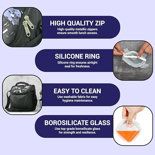 Image of Femora Borosilicate Glass Container Lunch Box with Bag for Office, School, Black, Rectangular, 400 ML, 620 ML (3 Container+ 1 Bag)