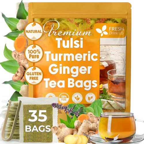 Image of FreshDrinkUS, Premium 35 Tulsi Turmeric Ginger Tea Bags, 100% Natural & Pure from Tulsi Holy Basil Leaves, Turmeric and Ginger. Made with Natural Material Tea Bags. No Sugar, No Caffeine, Vegan.
