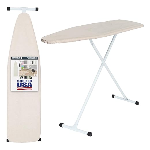 Full Size Ironing Board with Cover & Pad – USA-Made with Enhanced Grip Feet for Extra Stability – Adjustable Steel T-Legs 35" High – Perforated Top – Durable Iron Board for Home, Laundry Room, Beige