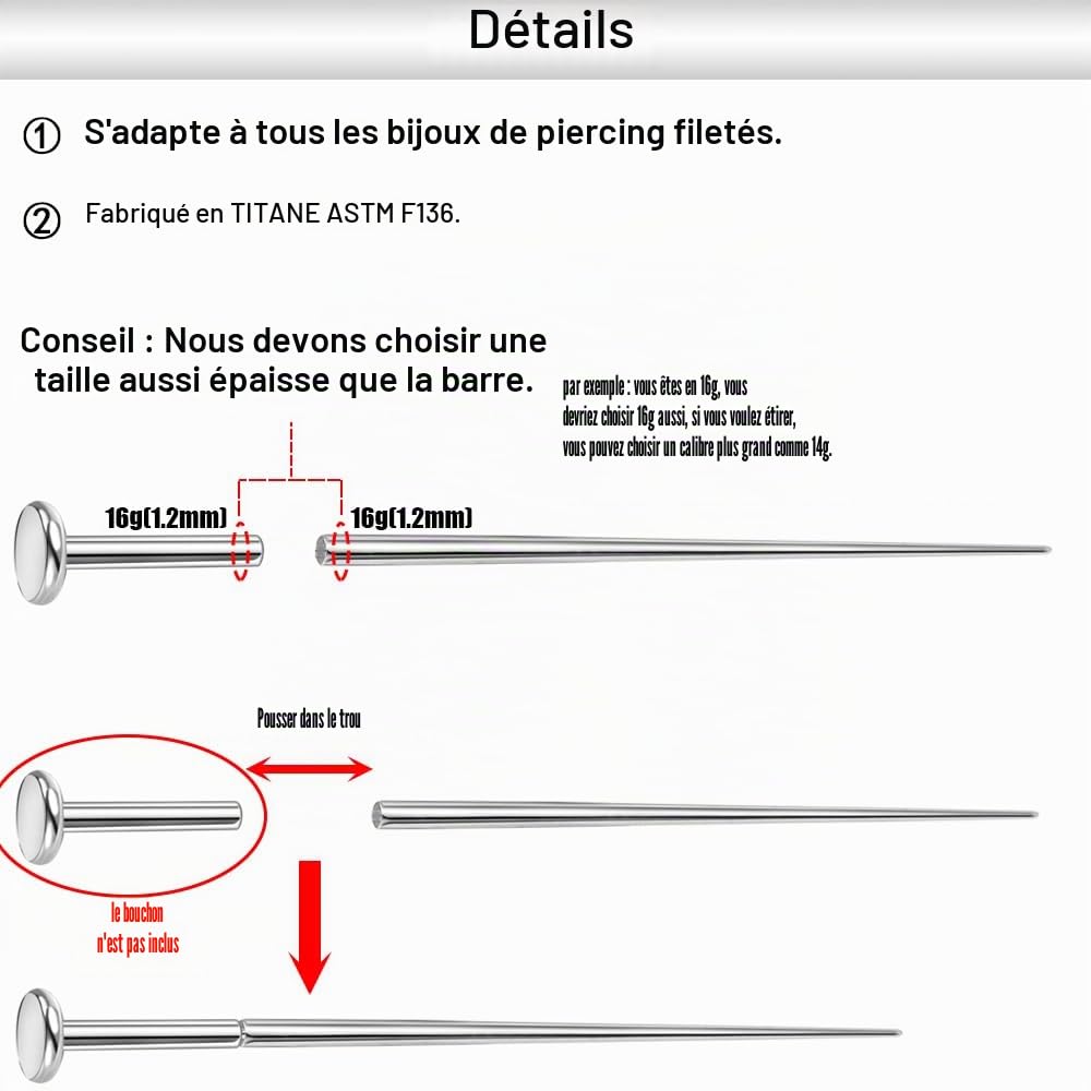 14 g/16 g/18 g ASTM F136 Piercing conique en titane pour tragus/hélix/lèvre/nez/hélix/piercing bijoux Knorpel Ohrringe Labret nez Stud Outil assistant