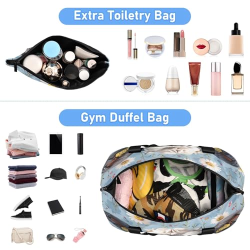 Cow and Daisy Flowers Gym Bag for Women Sport Travel Duffel Bag Shoulder Weekender Overnight Bags with Wet Pocket & Shoe Compartment4