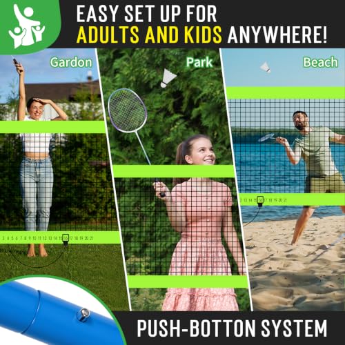Image of 20ft Portable Outdoor Badminton Net Set for Driveway Backyard, Beach, Park with Durable Anti-Sag PE Net, Heavy Duty Steel Poles, 4 Badminton Rackets, 3 Shuttlecocks and 600D Carry Bag