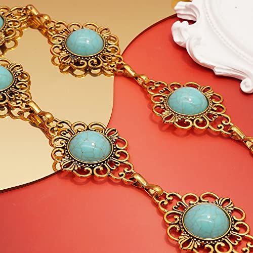 Concho Chain Belt for Women Turquoise Metal Waist Belts Hollow Out Stone Chain Belts Adjustable Western Chain3