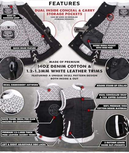 Milwaukee Leather MDL4050 Women's 'Skelly' Black with White Motorcycle Denim Vest w/Skull Embroidery2