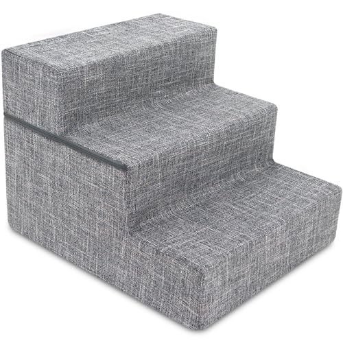 Image of Best Pet Supplies Dog Stairs & Steps - Foam Steps for Small Dogs & Cats, Non-Slip Indoor Balanced Pet Step Support, Dog Ramp, No Assembly, Ash Gray Linen, Foldable 3-Step (16.5-inch Height)