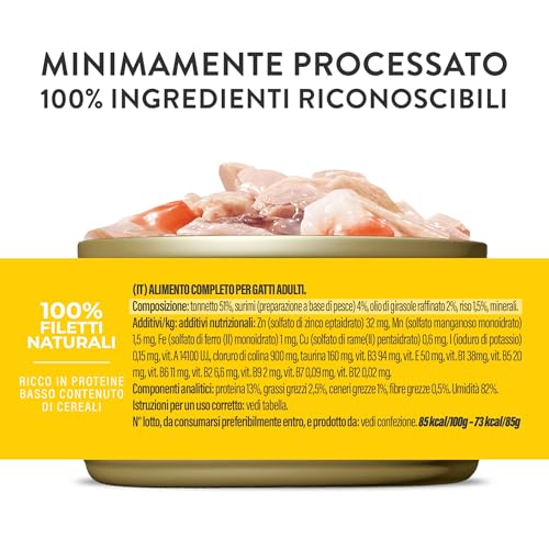 Schesir Tuńczyk z żelatyną Surimi, mokra karma dla kotów, w puszkach, 100% naturalny, z dodatkiem witamin, 12 x 85g