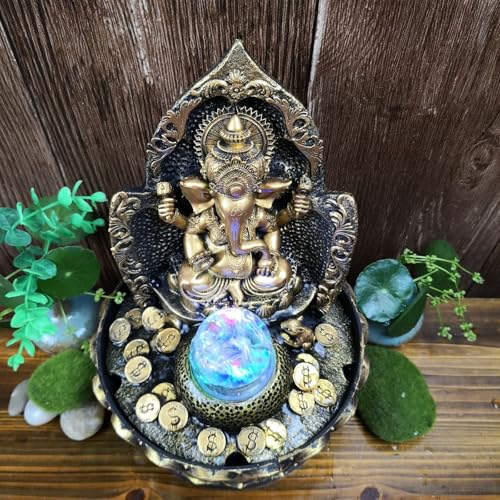 Golden Ganesha Lotus Fountain – 12-inch Indoor/Outdoor Water Feature with LED Crystal Ball, Plastic & Resin Décor (B)