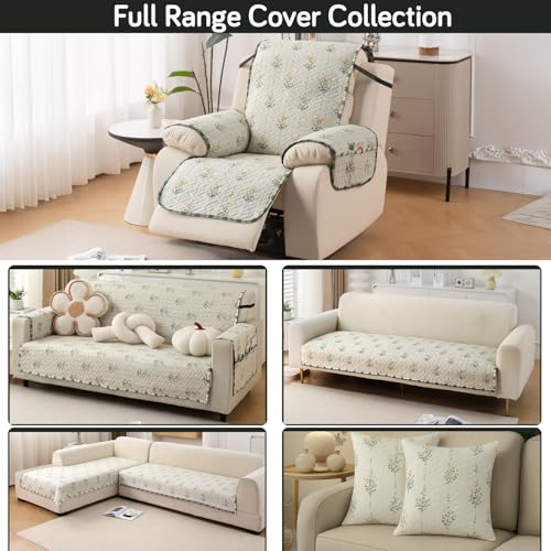Image of HOKIPO 'HomeHues Series' Quilted Cover for Recliner Sofa 1 Seater with SecureFit Belt & Side Pocket, Light Green Ash Gypsy Flower (IN-828-D5)