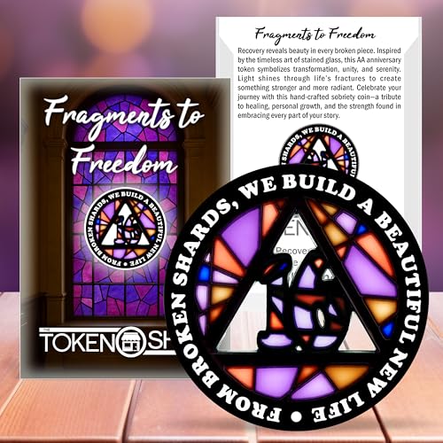Image of Stained Glass 16 Year AA Chip Sobriety Coin Medallion, Fragments to Freedom Alcoholics Anonymous Addiction Recovery Anniversary Token, Inspirational Sober Gifts for Men and Women by the Token Shop