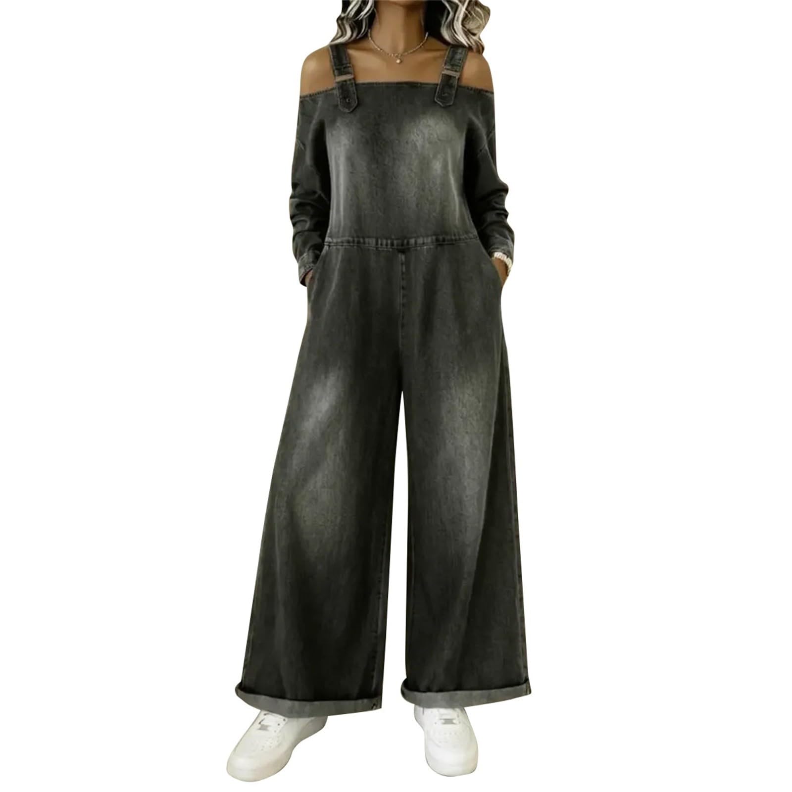 Generisch Salopette da donna in jeans lunga, stile vintage, a maniche lunghe, con bretelle