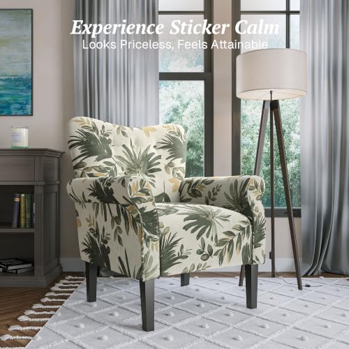 Image of BELLEZE Modern Accent Chair, High Back Armchair, Upholstered Wingback Side Chair, Padded Single Sofa with Wooden Legs for Living Room, Bedroom - Green Floral
