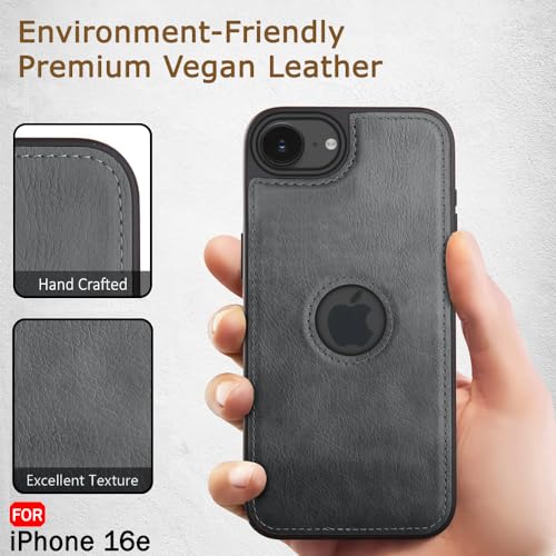 Image of TheGiftKart Genuine Leather Finish Back Cover Case for iPhone 16e | Shockproof Design | Raised Edges for Camera & Screen Protection | Stunning Minimalist Design Case Cover (Black Sides, Grey)