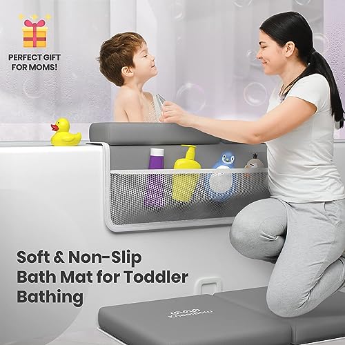 Image of Baby Bath Kneeler and Elbow Rest Pad 2 Pieces Set with 3 Spacious Pocket to Organize Baby Acessories, 1.5 inch Thick Non-Slip, Soft, Fast-Drying Foldable Toddler Bath (Grey)