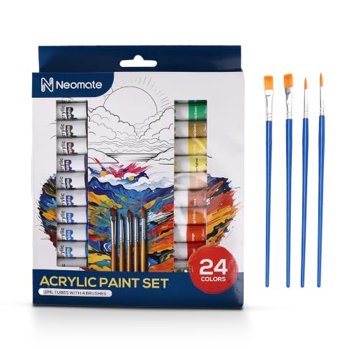 Image of Neomate Acrylic Paint Set - 24 Premium Acrylic Paint Tubes with 4 Brushes - Vibrant, Non-Toxic Pigments for Canvas, Glass, Plastic, Rocks, Arts and Crafts